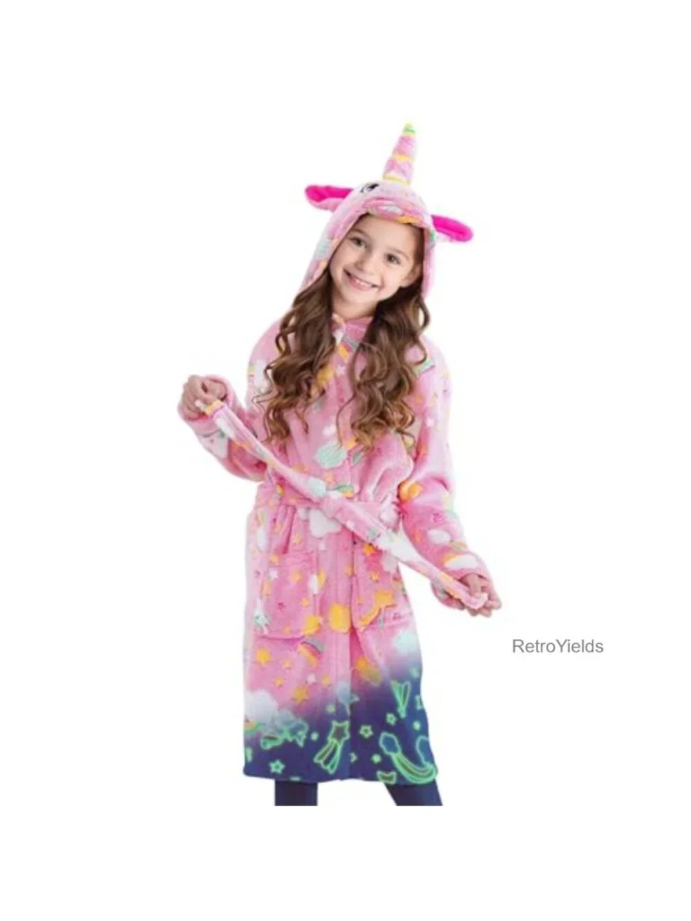 Girls Glow in Dark Unicorn Robe Ultra-Soft Hooded Bathrobe Flannel Ages 5-10